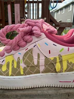 Women's 6.5 custom hand painted “ ice cream N waffle “ sneakers with 8mm rope